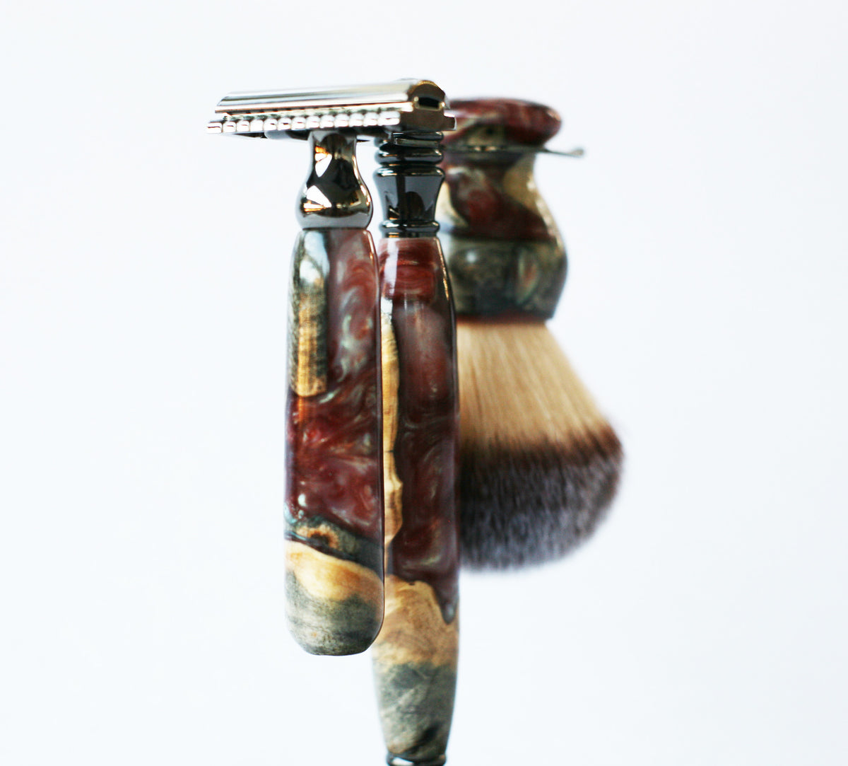 Shaving Set on sale With Stand - Maple Burl Wood and Pink Resin